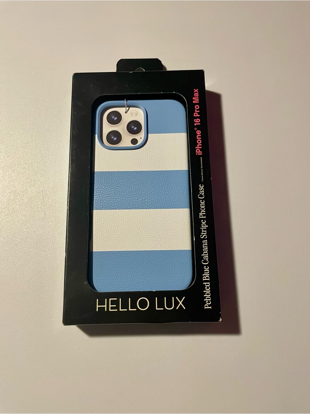 NIB Hello Lux iPhone 16 Pro Max Case Pebbled Blue Cabana Stripe MagSafe Cover